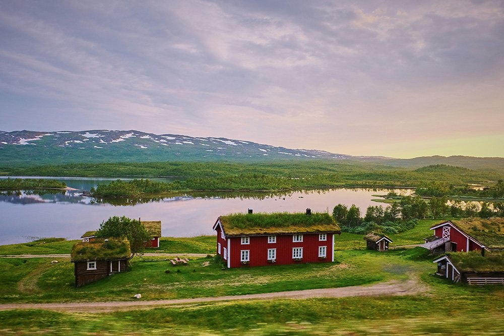 Wooden lake houses in Sweden.