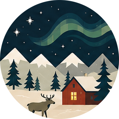 Icon of Northern Lights at night with a house and mountains.
