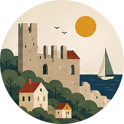 Icons of a castle next to a lake in Sweden.