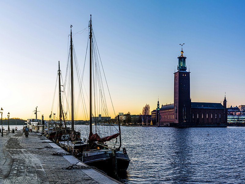 Harbour in Sweden with ships docked.